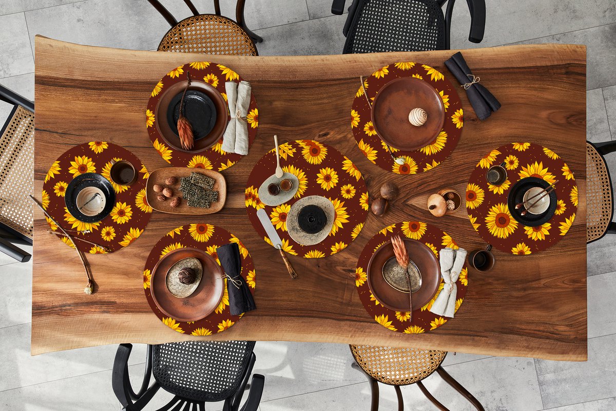 Ronde placemats - Onderlegger - Placemats rond - Zonnebloem - Bohemian - Flora - Patroon - 10 stuks