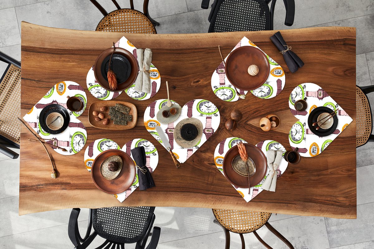 Onderleggers - Placemats - Placemats hartje - Wekker - Horloges - Stopwatch - Patronen - 8 stuks
