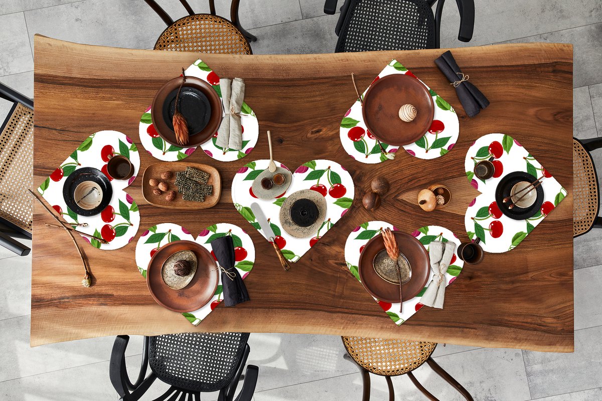 Onderleggers - Placemats - Placemats hartje - Kersen - Patronen - Fruit - 8 stuks