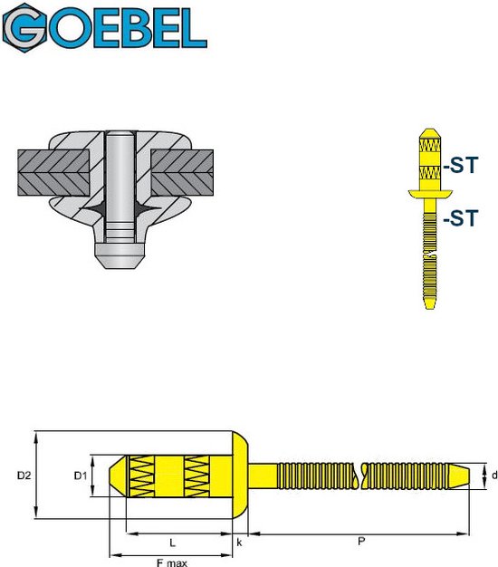 GOEBEL® - 500 x Rivets aveugles de construction 4,8 x 14 mm - Acier galvanisé / Acier galvanisé - Tête ronde - GO-BULB II - 7200048140 - Rivet pop