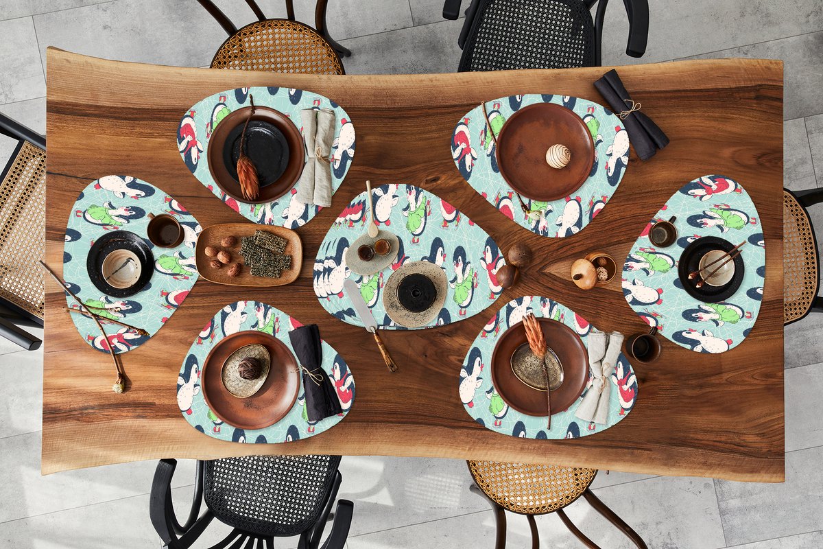 Placemat organisch - Placemats organic - Onderleggers - Pinguïn - Schaatsen - Design - 10 stuks