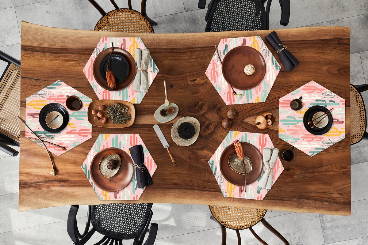 Placemats hexagon - Onderleggers placemats - Placemat zeshoek - Cactus - Patronen - Roze - 6 stuks