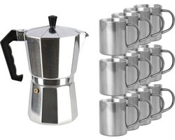 Aluminium moka/koffiemaker met 12x RVS kopjes - Koffiezetapparaat met mokken - Italiaanse koffiezetter