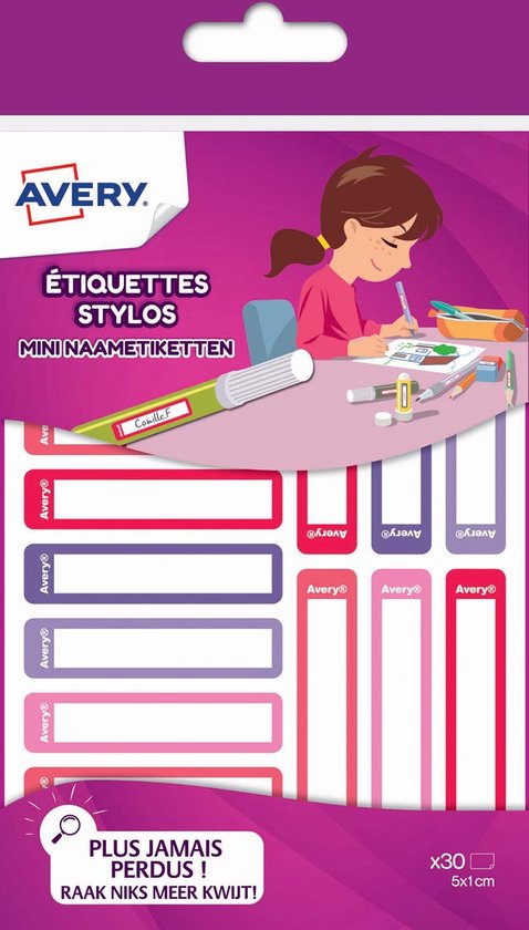 Avery Family mini naametiketten, ft 5 x 1 cm, roze/paars, ophangbare etui met 30 etiketten 10 stuks