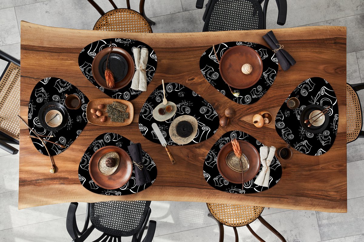 Placemat organisch - Placemats organic - Onderleggers - Camera - Patronen - Zwart Wit - 8 stuks