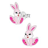 Oorbellen meisje | Zilveren kinderoorbellen | Zilveren oorstekers, roze konijn