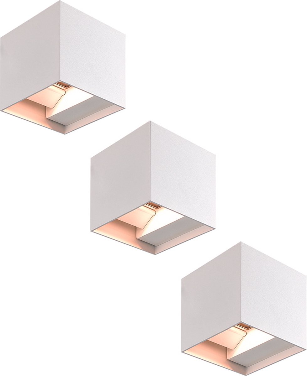 HOFTRONIC Set van 3 Kansas LED Wandlampen - 7 Watt 660 lumen - IP65 Waterdicht - 3000K Warm Wit - Binnen en buiten - Kubus - Up & Down Light - Wit