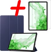 Hoesje Geschikt voor Samsung Galaxy Tab S8 Hoes Case Tablet Hoesje Tri-fold Met Screenprotector - Hoes Geschikt voor Samsung Tab S8 Hoesje Hard Cover Bookcase Hoes - Donkerblauw