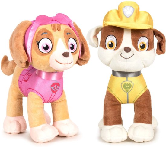 Paw Patrol figuren speelgoed knuffels set van 2x karakters Skye en Rubble 19 cm - De leukste hondjes