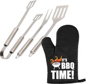 Barbecue/bbq gereedschap 3-delige set 33 cm van RVS - Met BBQ handschoen It's BBQ Time! - Papa/ Vaderdag cadeau