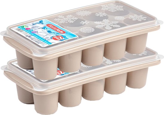 Foto: 2x stuks trays met dikke grote ronde blokken van 6 5 cm ijsblokjes ijsklontjes vormpjes 10 vakjes kunststof taupe met deksel