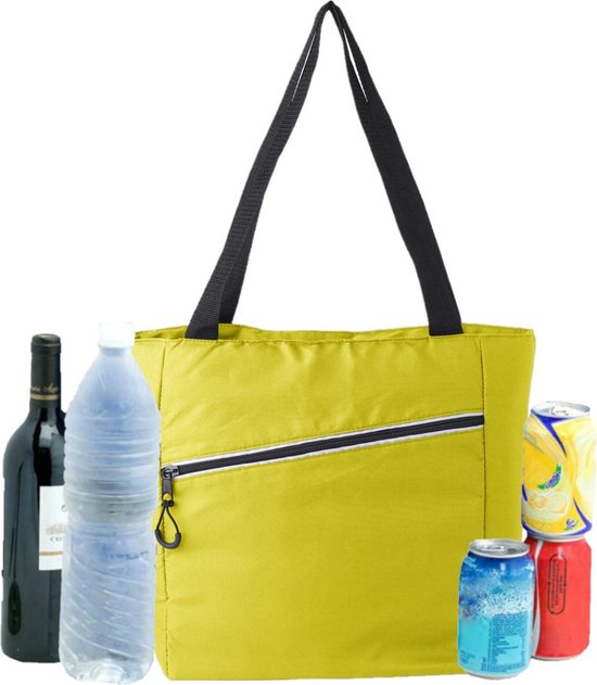 Grote koeltas draagtas/schoudertas geel met 2 stuks flexibele koelelementen 20 liter van SportX — afbeelding 2
