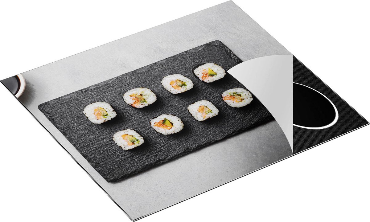 Chefcare Inductie Beschermer Sushi Rolls op een Grijze Achtergrond - 59x52 cm - Afdekplaat Inductie - Kookplaat Beschermer - Inductie Mat