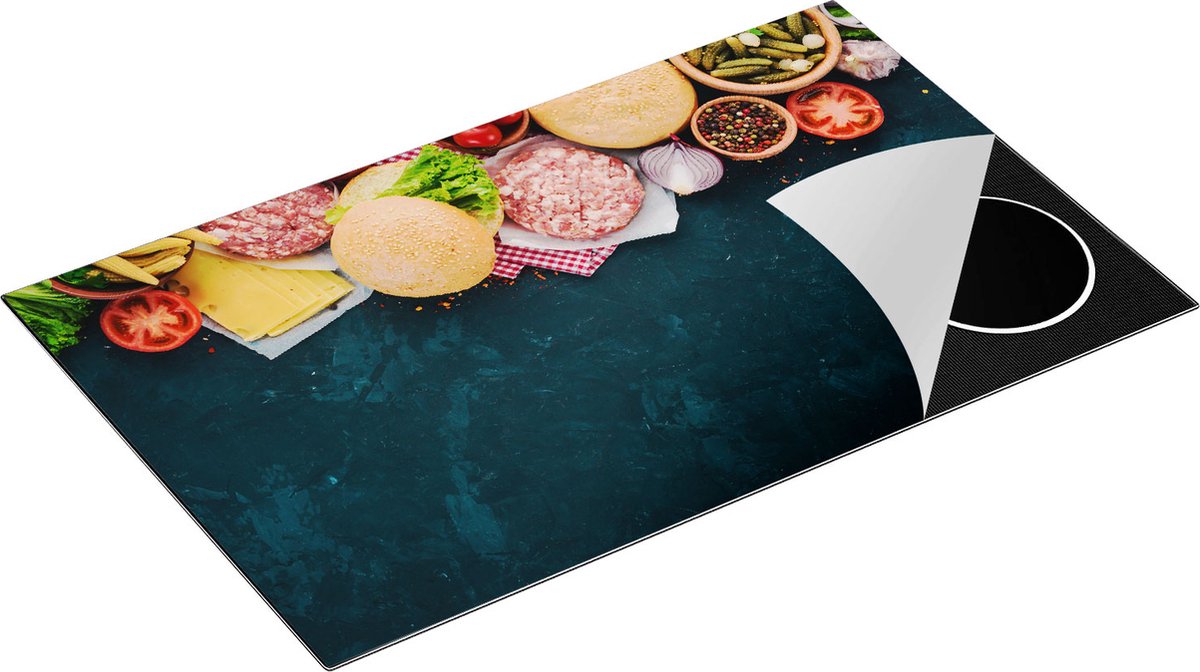 Chefcare Inductie Beschermer Hamburger Ingrediënten op een Marmeren Plaat - 85x52 cm - Afdekplaat Inductie - Kookplaat Beschermer - Inductie Mat
