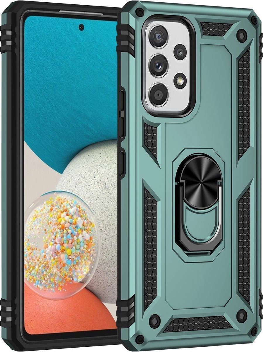 Mobigear Hoesje geschikt voor Samsung Galaxy A53 Telefoonhoesje Hardcase | Mobigear Armor Ring Backcover Shockproof met Ringhouder | Schokbestendig Galaxy A53 Telefoonhoesje | Anti Shock Proof - Groen