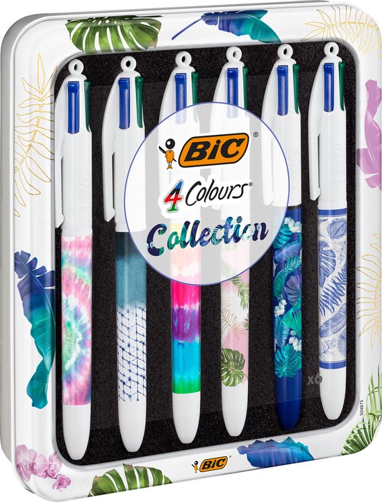 BIC 4 Kleuren Balpennen - Botanical en Tie Dye Decors - 6 pennen - Medium Punt 1 mm