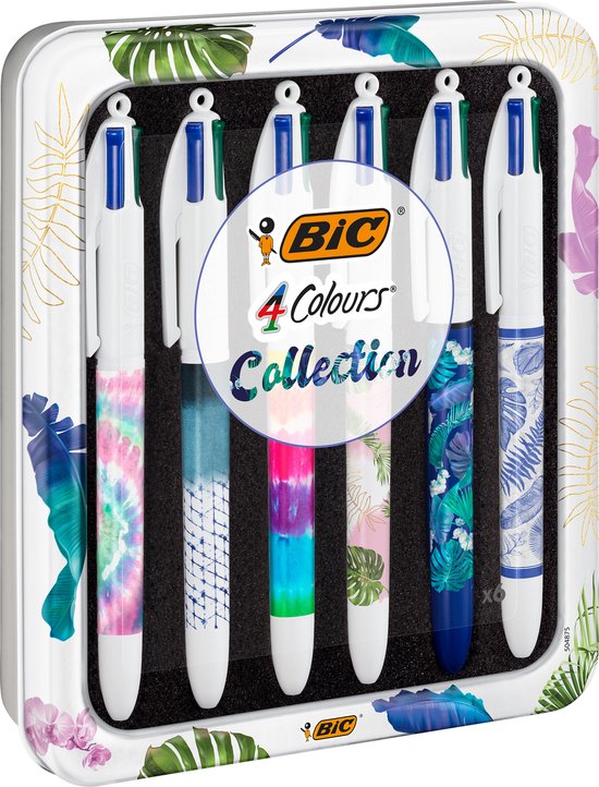 BIC 4 Kleuren Balpennen Botanical en Tie Dye Decors 6 pennen Medium Punt 1 mm