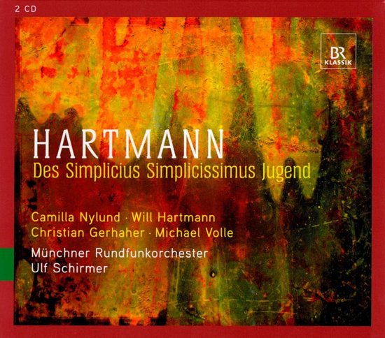 CD-hoes met abstracte schildering in groen en oranje tinten. Tekst: HARTMANN Des Simplicius Simplicissimus Jugend, namen van artiesten en "BR KLASSIK".