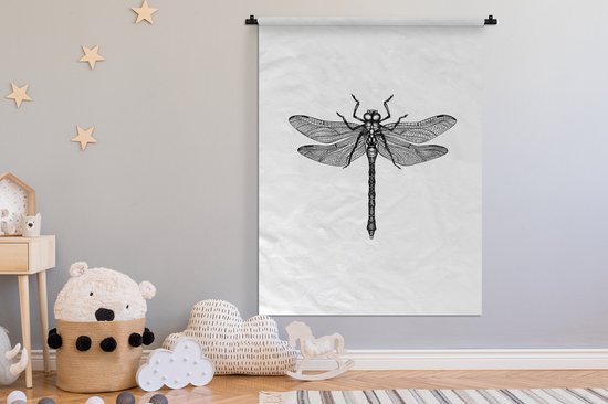 Tapisserie - Tissu mural - Libellule - Insectes - Rétro - Zwart et blanc - 120x160 cm - Tapisserie