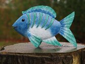 Blauwe vis in metaal 31 cm hoog - metal - art - beeld - kleurrijk - tuinbeeld - decoratiefiguur - interieur - exterieur - accessoire - voor binnen - voor buiten - cadeau - geschenk - gift - verjaardag - nieuwjaar - kerst