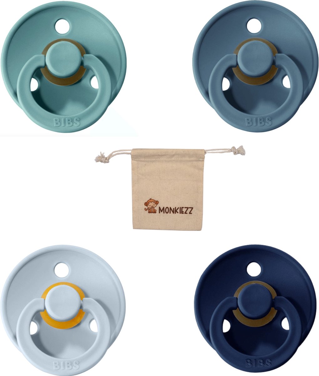 Goedkoopste Bibs fopspenen maat 1 0-6 maanden| Set 4 stuks| Baby blue, Deep space, Petrol, Island sea Monkiezz speenzakje