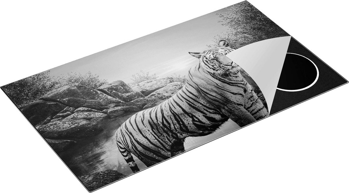 Chefcare Inductie Beschermer Luipaard in een Vijver bij Zonsondergang - Zwart Wit - 91,2x52 cm - Afdekplaat Inductie - Kookplaat Beschermer - Inductie Mat