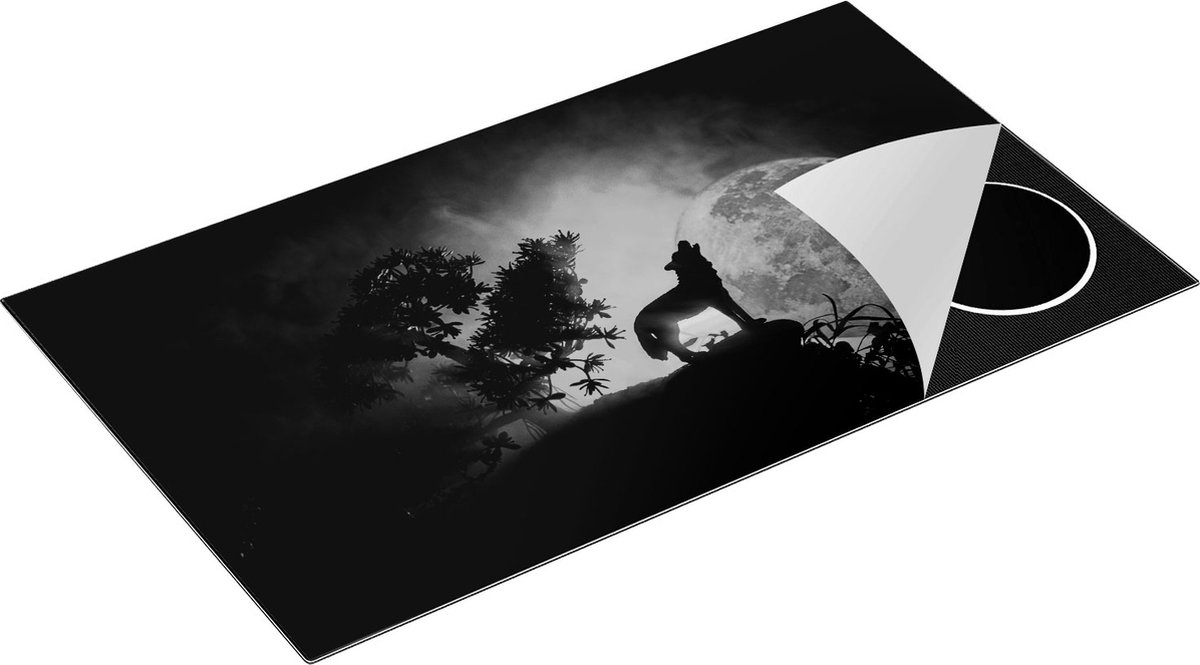 Chefcare Inductie Beschermer Huilende Wolf in Silhouet bij Volle Maan - Zwart Wit - 90x50 cm - Afdekplaat Inductie - Kookplaat Beschermer - Inductie Mat