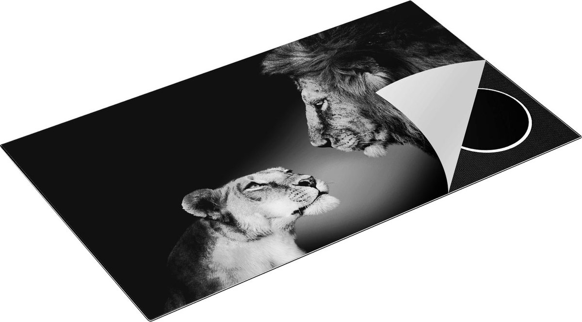 Chefcare Inductie Beschermer Leeuw en Leeuwin - Kleur - Zwart Wit - 90x52 cm - Afdekplaat Inductie - Kookplaat Beschermer - Inductie Mat