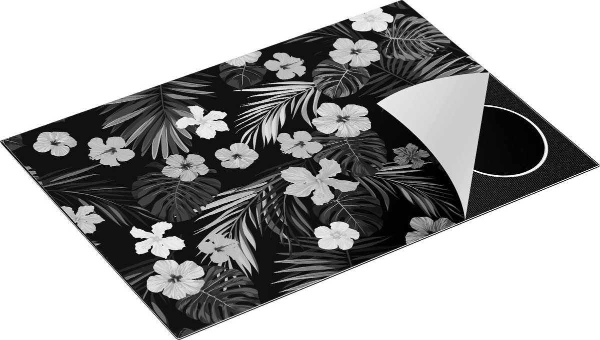 Chefcare Inductie Beschermer Getekende Tropische Bloemen - Abstract - Zwart Wit - 75x52 cm - Afdekplaat Inductie - Kookplaat Beschermer - Inductie Mat