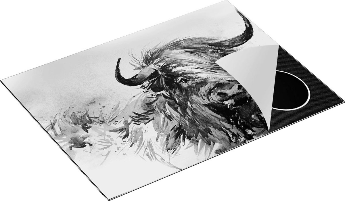 Chefcare Inductie Beschermer Schotse Hooglander Koe - Abstract - Zwart Wit - 71x52 cm - Afdekplaat Inductie - Kookplaat Beschermer - Inductie Mat