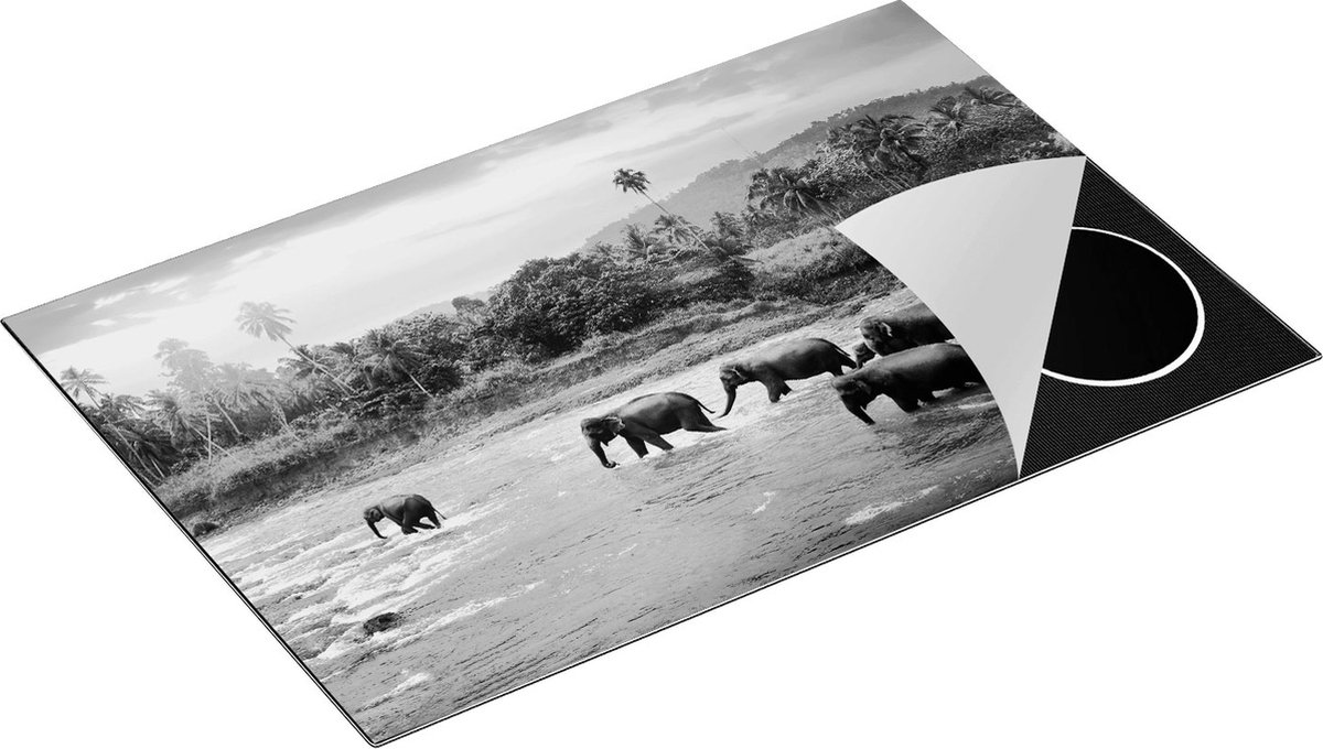 Chefcare Inductie Beschermer Kudde Olifanten in het Water - Zwart Wit - 81x52 cm - Afdekplaat Inductie - Kookplaat Beschermer - Inductie Mat
