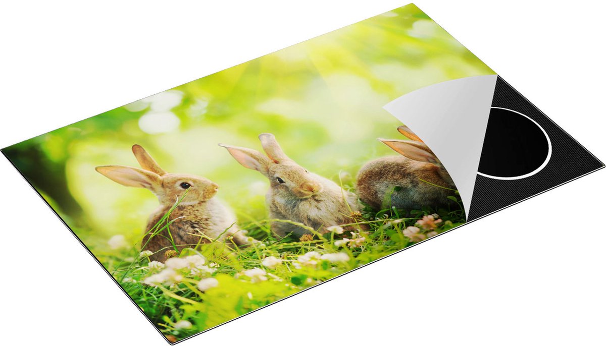 Chefcare Inductie Beschermer Drie Konijnen op het Gras bij Zonneschijn - 81,2x52 cm - Afdekplaat Inductie - Kookplaat Beschermer - Inductie Mat