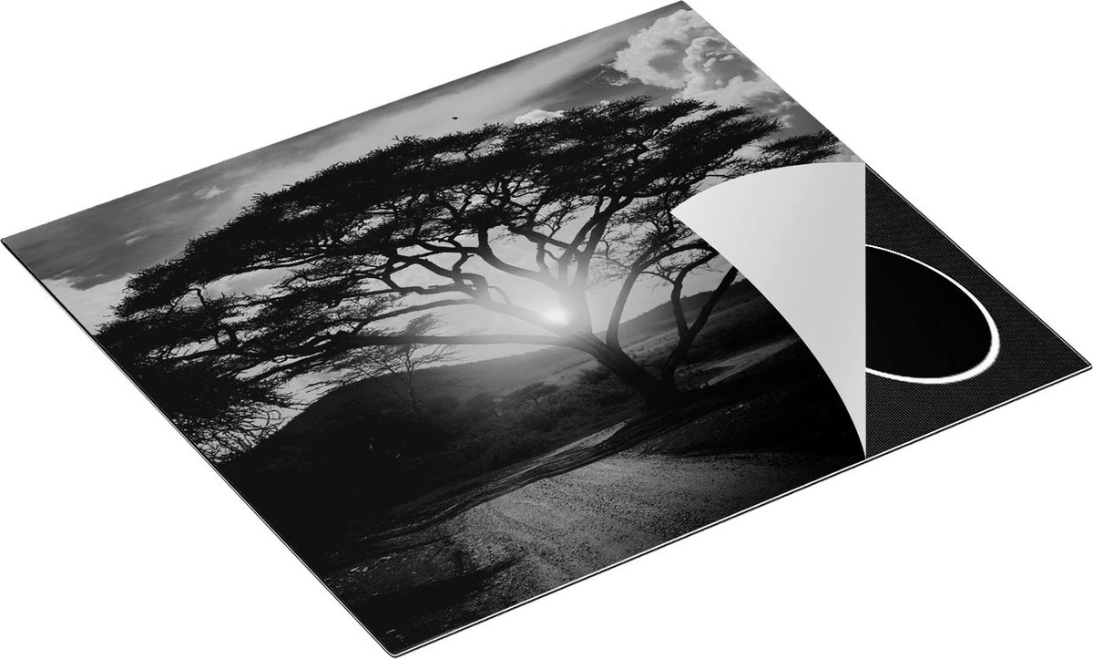 Chefcare Inductie Beschermer Zonsondergang Achter een Savanne Boom - Zwart Wit - 59x51 cm - Afdekplaat Inductie - Kookplaat Beschermer - Inductie Mat