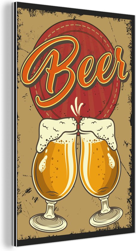 Wanddecoratie Metaal - Aluminium Schilderij Industrieel - Mancave - Bierglazen - Vintage - Tekening - 20x30 cm - Dibond - Foto op aluminium - Industriële muurdecoratie - Voor de woonkamer/slaapkamer