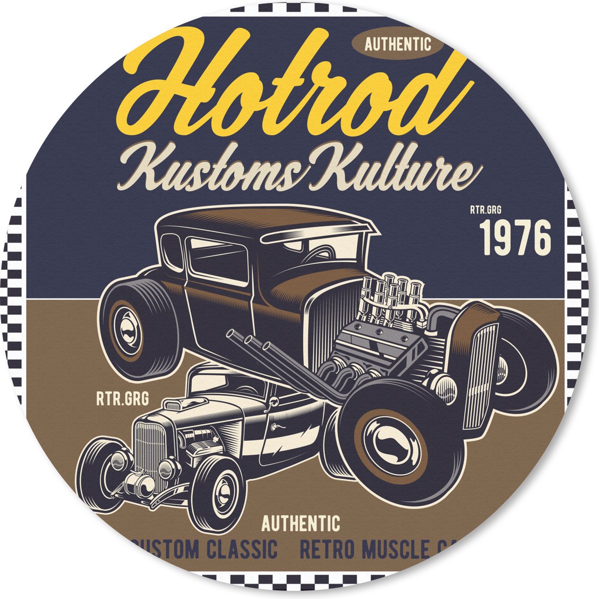 Muismat rond 20x20 cm - Mousepad Mancave - Auto - Vintage - Bruin - Blauw - Ronde muismatten