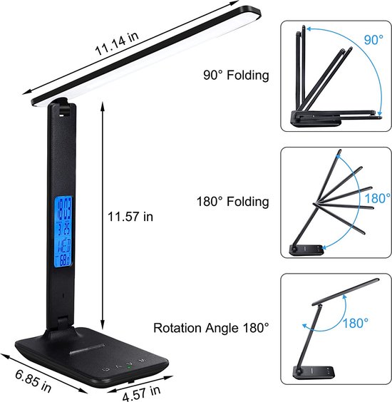Fuegobird LED Bureaulamp - met kalender - USB-oplaadpoort - opvouwbaar - Zwart — afbeelding 4