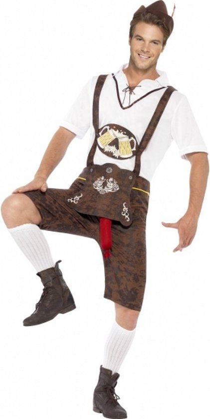 Oktoberfest Bruine funny Tiroler lederhosen kostuum/broek met bratwurst voor heren - Carnavalskleding Oktoberfest/bierfeest grappige verkleedoutfit 48/50