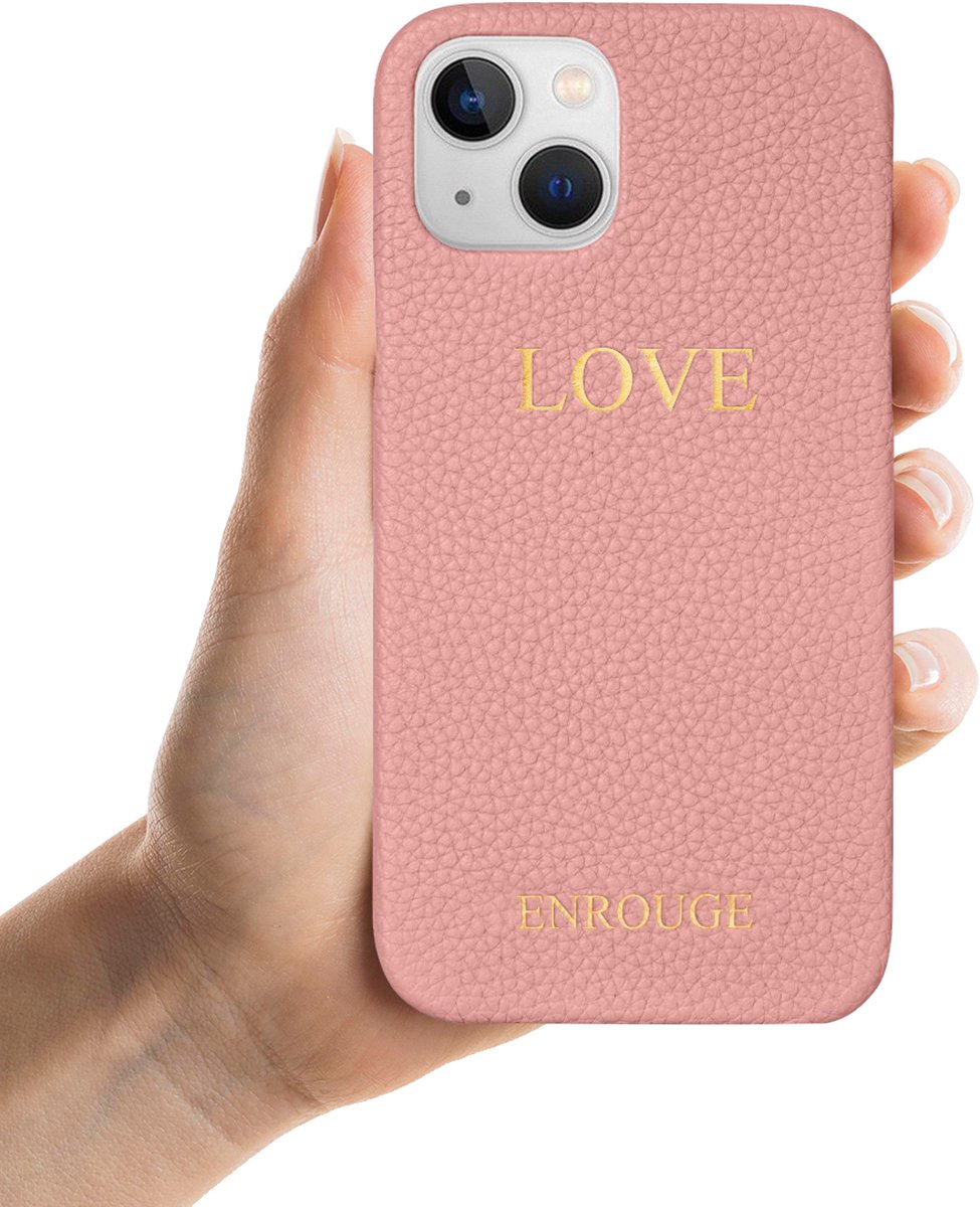 ENROUGE Iphone 13 Case BUBBLEGUM PINK | Luxe Hoesje van Echt Leer | Gepersonaliseerd met Naam of Initialen | 100% Leder | Cadeautip Inclusief Geschenkverpakking