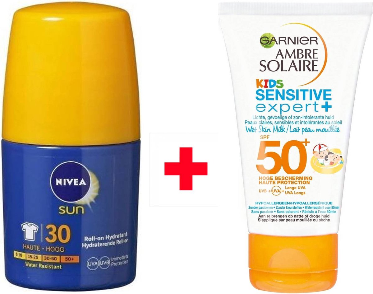 Zonnebrand NIVEA SUN Rollon SPF 30 + Garnier Ambre Solaire Kids Zonnebrandcrème SPF 50 Zonnebrand NIVEA SUN Rollon SPF 30 + Garnier Ambre Solaire Kids Zonnebrandcrème SPF 50