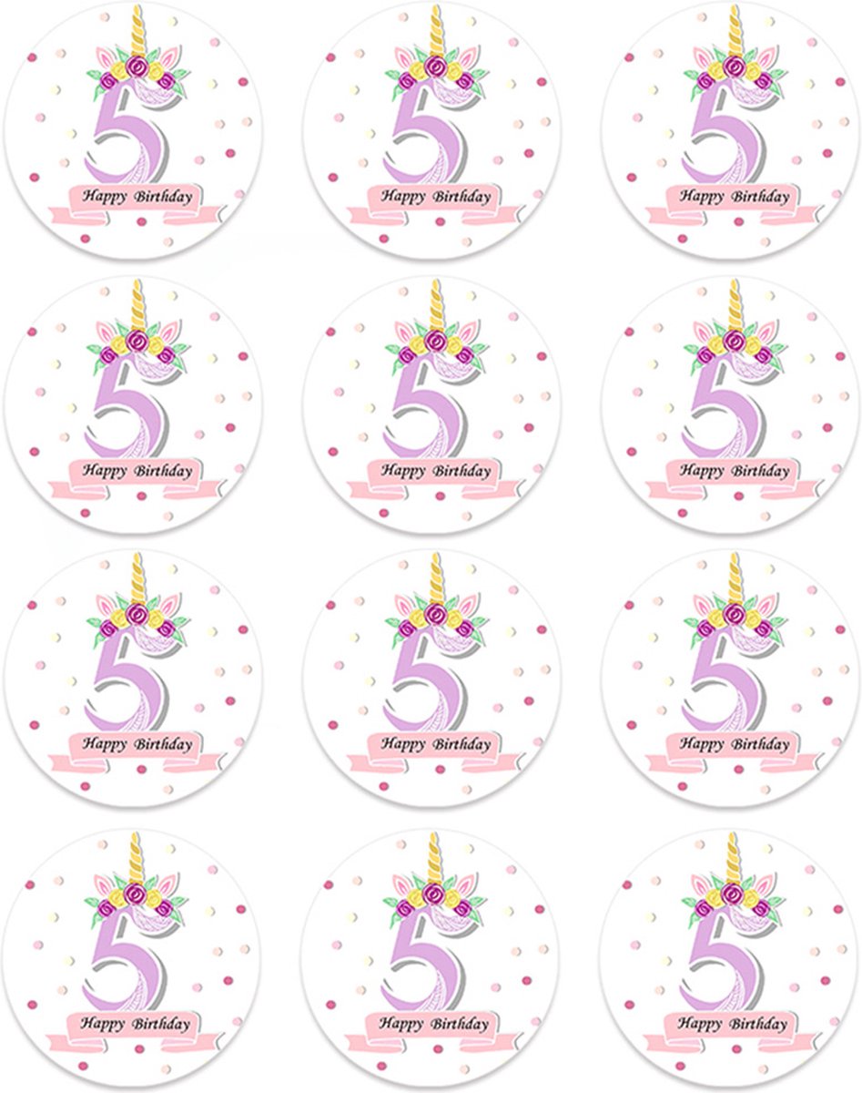 DW4Trading Sticker Happy Birthday Eenhoorn 5 Jaar - Ø 4,5 cm - 12 Stuks - Paars