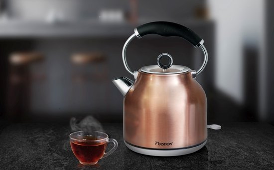 Bestron Waterkoker in retro design, met 360° basis & tot 1.7 Liter capaciteit, automatische kookstop & droogkookbeveiliging, 2.200W, kleur: Koper