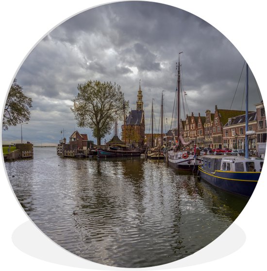 WallCircle - Wandcirkel ⌀ 90 - Een grijze lucht hangt boven de haven van Hoorn - Ronde schilderijen woonkamer - Wandbord rond - Muurdecoratie cirkel - Kamer decoratie binnen - Wanddecoratie muurcirkel - Woonaccessoires