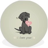 WallCircle - Wandcirkel ⌀ 90 - Een illustratie van een zwarte puppy met een hart - Ronde schilderijen woonkamer - Wandbord rond - Muurdecoratie cirkel - Kamer decoratie binnen - Wanddecoratie muurcirkel - Woonaccessoires