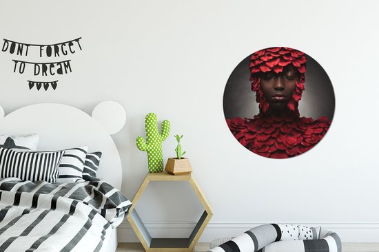 WallCircle - Cercle mural ⌀ 60 - Femme - Feuilles - Rouge - Tableaux ronds salon - Plaque murale ronde - Cercle de Décoration murale murale - Décoration de chambre à l'intérieur - Cercle Décoration murale - Accessoires de maison