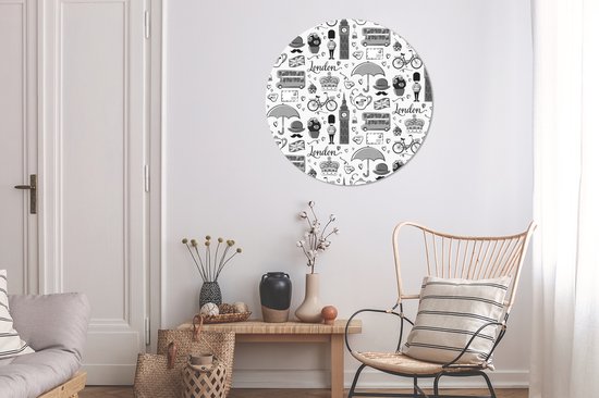 WallCircle - Cercle mural - Cercle mural intérieur - Motif d'illustrations de la ville de Londres - noir et blanc - 90x90 cm - Décoration murale - Peintures ronds