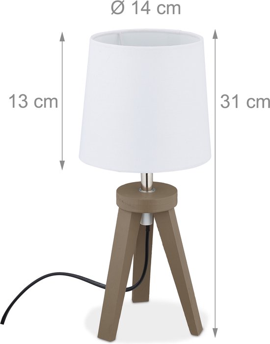 Relaxdays tafellamp driepoot - nachtlampje - hout & stof - woonkamerlamp - e14- wit/bruin