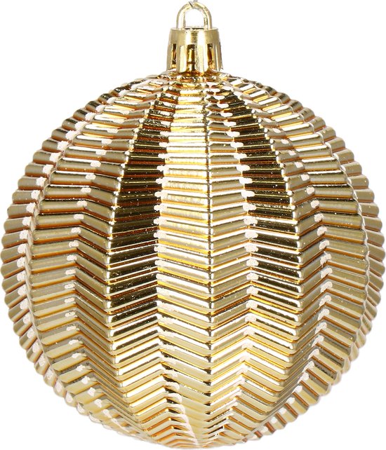 Gouden kerstbal met verticale ribbels en een visgraatpatroon.