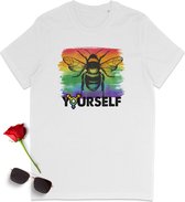 T-shirt Gay Pride - T-shirt Pride - Bee Yourself - T-shirt femme avec imprimé - T-shirt homme avec imprimé Pride - Chemise Unisex Pride - Tailles unisexes : SML XL XXL XXXL - Couleurs du t-shirt : Wit, jaune, orange et rouge.