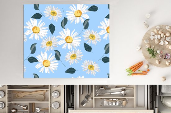 KitchenYeah® Inductie beschermer 59x52 cm - Madeliefjes - Blauw - Patroon - Kookplaataccessoires - Afdekplaat voor kookplaat - Inductiebeschermer - Inductiemat - Inductieplaat mat