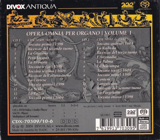 CD hoes met lijsten en tracklist, 'Opera Omnia Per Organo | Volume 1'.
